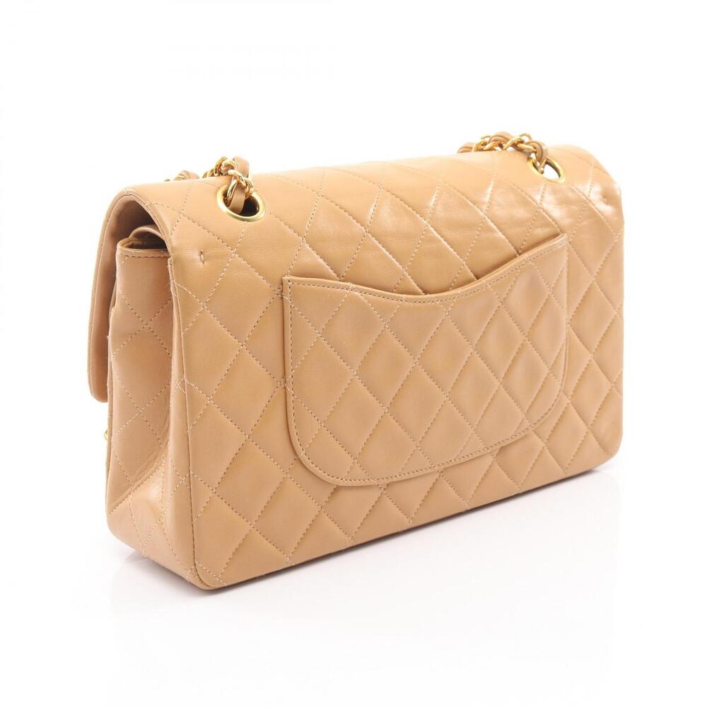 Chanel Beige Shoulder Bag Leather Matelasse Lambskin Sheepskin Double Flap Tan